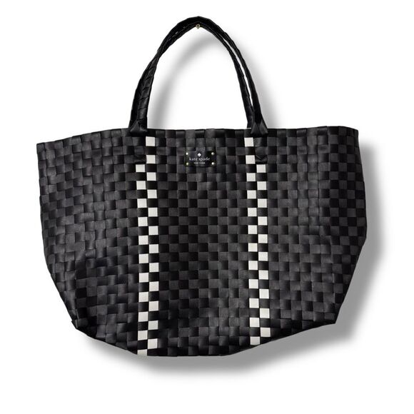 Kate Spade New York Large Woven Tote Black White Checkered Bag - Picture 3 of 8